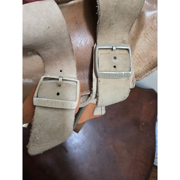 Birkenstock Arizona Beige/Brown Leather Cork Sole Double Strap Buckle Women's Si - Picture 13 of 13